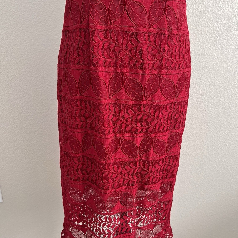 Medium Red Lace Midi Dress Bodycon Spaghetti Strap Cocktail Party Dress Romantic - Picture 9 of 11